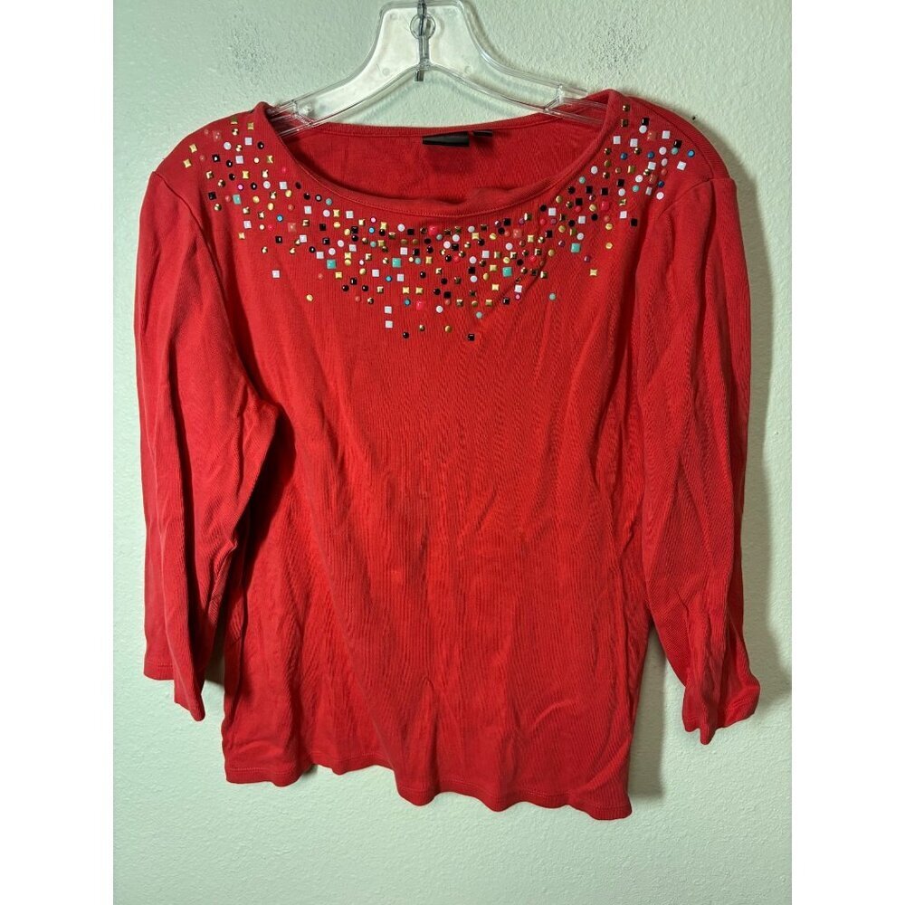Rafaella Blouse T-Shirt Embellished 3/4 Sleeve Granny Casual Coral Size Large